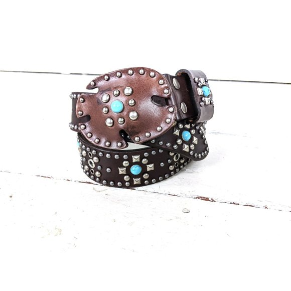 Brown silver studded faux leather western buckle belt - Picture 2 of 7